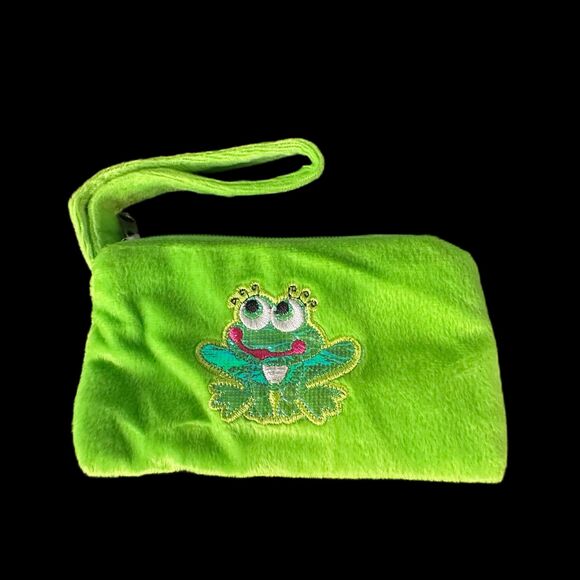 Vintage Y2k Green Frog Wristlet Embroidered Velour Mini Change Coin Bag Purse - Picture 5 of 5